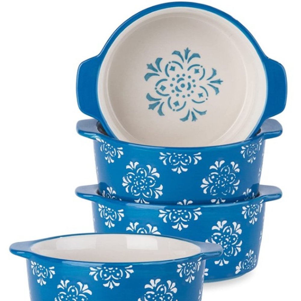 21oz - ORIGINAL HEART BOWLS - CERAMIC SOUP CROCKS w/ HANDLES - Set of 4 (Blue)